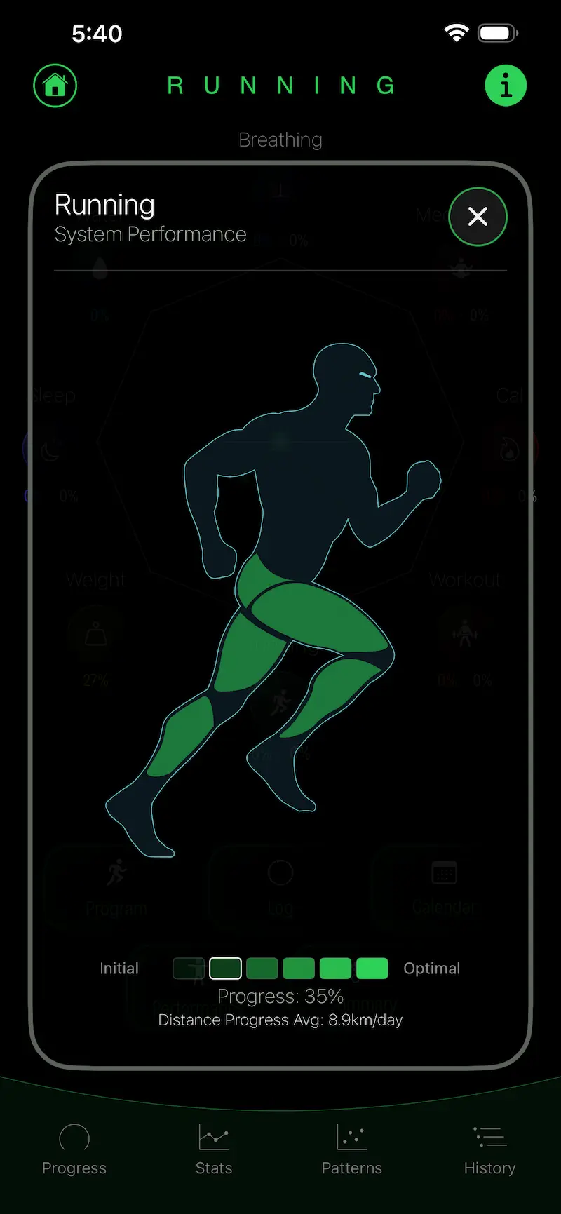 Running performance view with muscle engagement and distance progress